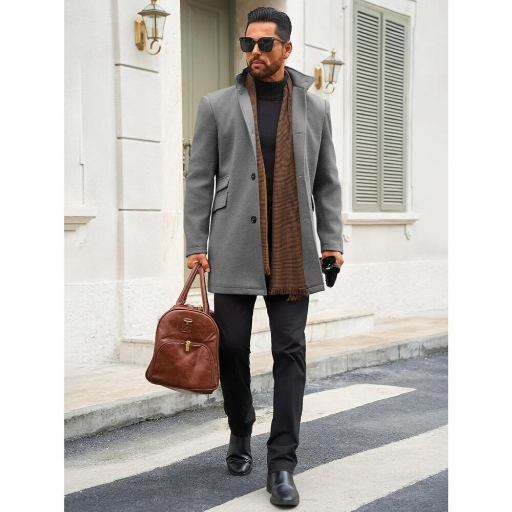 Men's Gray Pea Coats Single Breasted Stand Collar Casual Slim Fit Trench - Picture 4 of 5